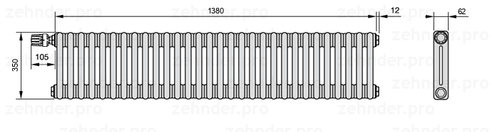 Схема (чертеж) Радиатор Zehnder Charleston 2035/30 №V012 Белый глянцевый RAL 9016